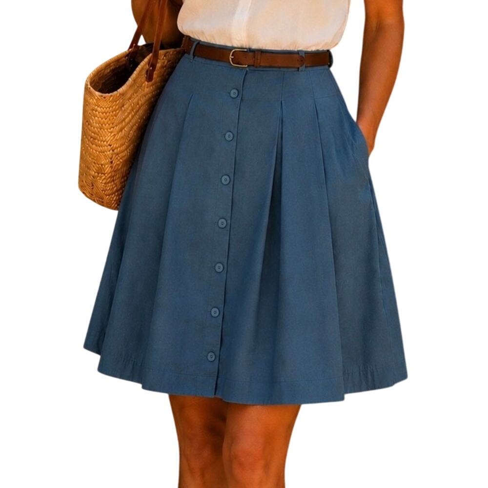 Tulip B Unique Vintage Blue Button Front Belted Retro A-Line Mini Skirt S NWT